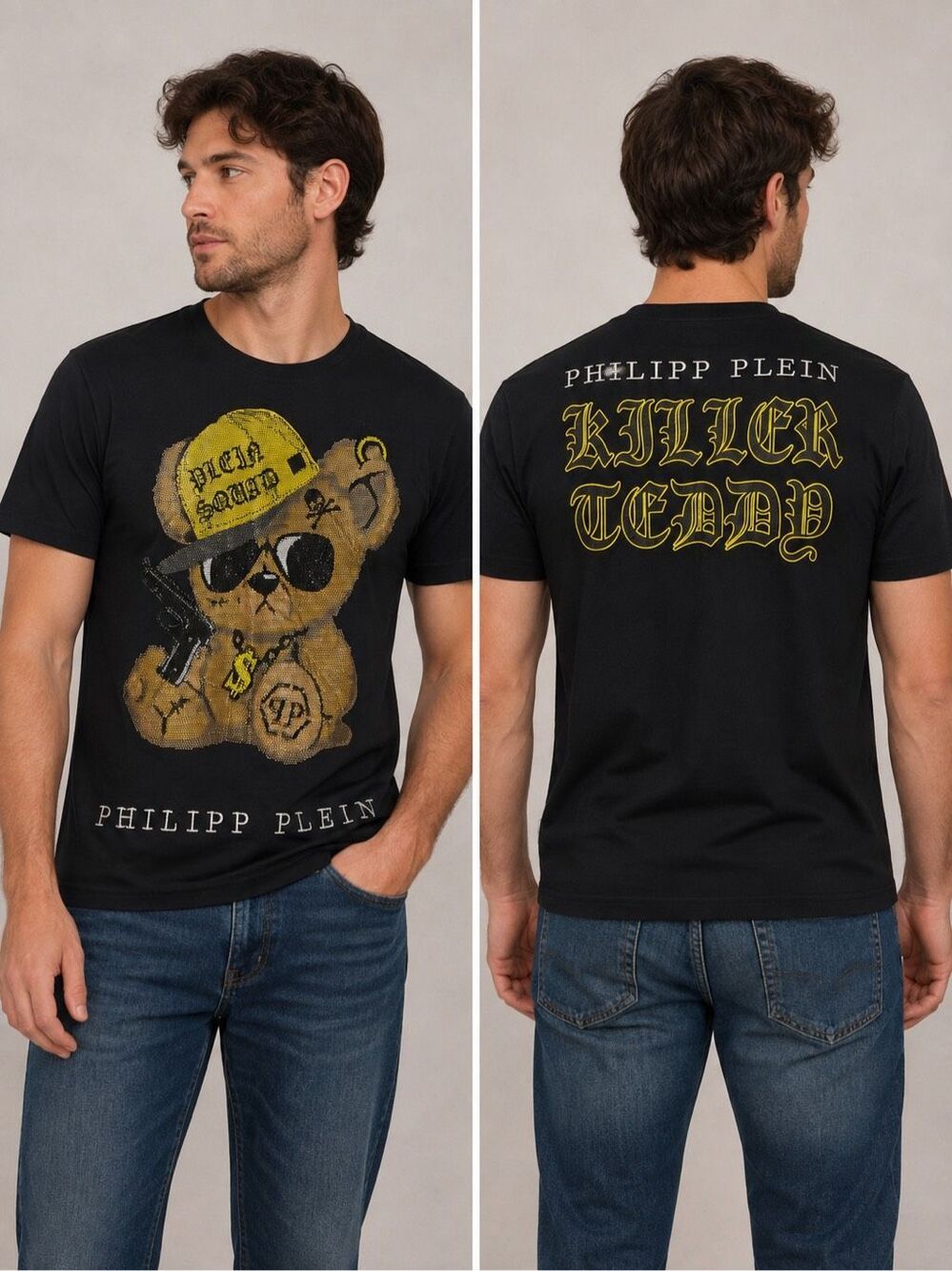 Philipp Plein Killer Teddy Black Graphic Rhinestone T Shirt Mens Size L EU/ M US